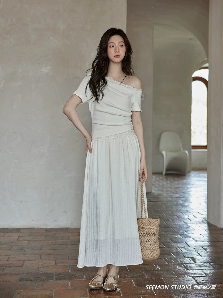 Ximeng 2025 new summer Korean style temperament skirt design small niche chic oblique shoulder short-sleeved dress