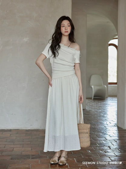 Ximeng 2025 new summer Korean style temperament skirt design small niche chic oblique shoulder short-sleeved dress