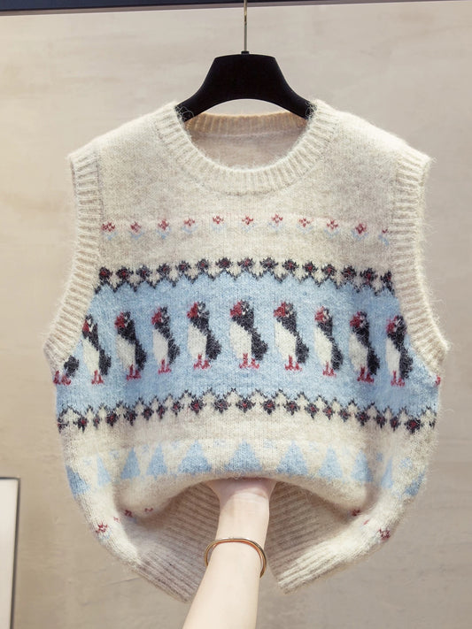 Women's Round Neck Knitted Vest, 2025 Autumn/Winter New Style, Loose Fit, Layered, Outerwear, Sweater Vest, Trendy