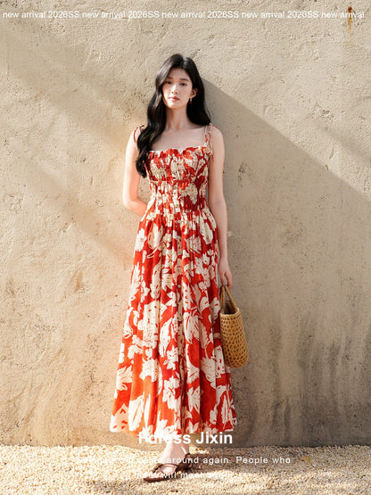 Sending a letter to "Summer in Southern Italy" - a super flattering retro red floral dress, linen, island vacation style, and a flared dress.