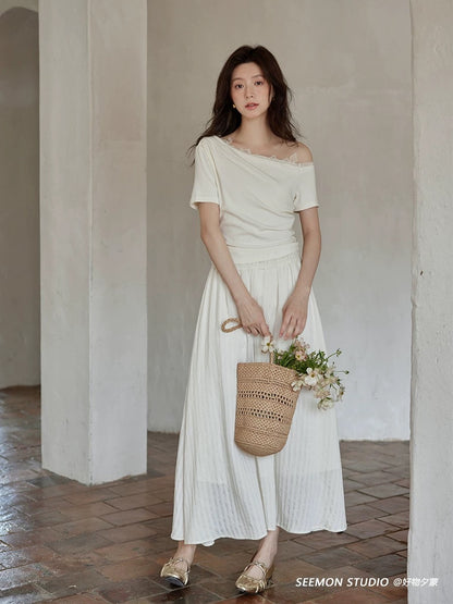 Ximeng 2025 new summer Korean style temperament skirt design small niche chic oblique shoulder short-sleeved dress
