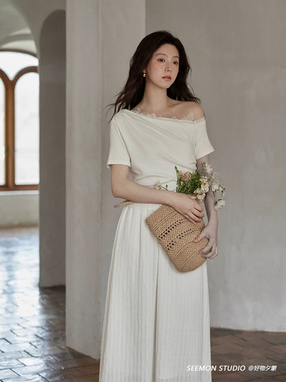 Ximeng 2025 new summer Korean style temperament skirt design small niche chic oblique shoulder short-sleeved dress