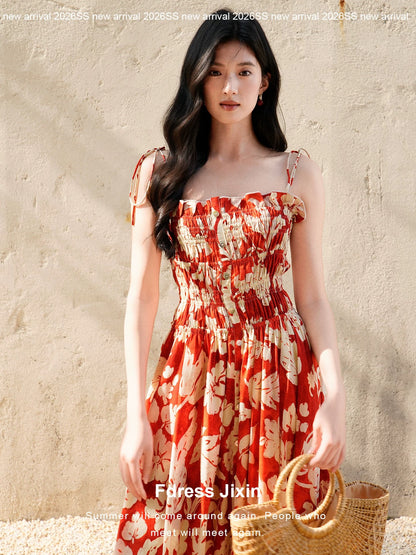Sending a letter to "Summer in Southern Italy" - a super flattering retro red floral dress, linen, island vacation style, and a flared dress.