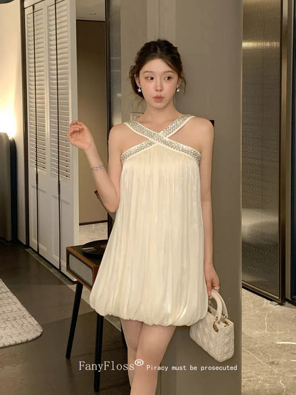 FanyFloss French-style halter neck beaded satin loose babydoll dress for women, summer high-end rhinestone-embellished banquet dress.