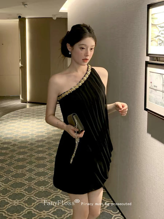 FanyFloss One-Shoulder Rhinestone Sexy Chiffon Dress, Luxurious Sparkling Rhinestone Waist-Defining Beach Vacation Mini Skirt