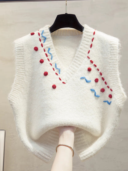Hand-embroidered V-neck knitted vest for women, new autumn/winter 2025 style, loose-fitting outerwear vest, layered with sweaters.
