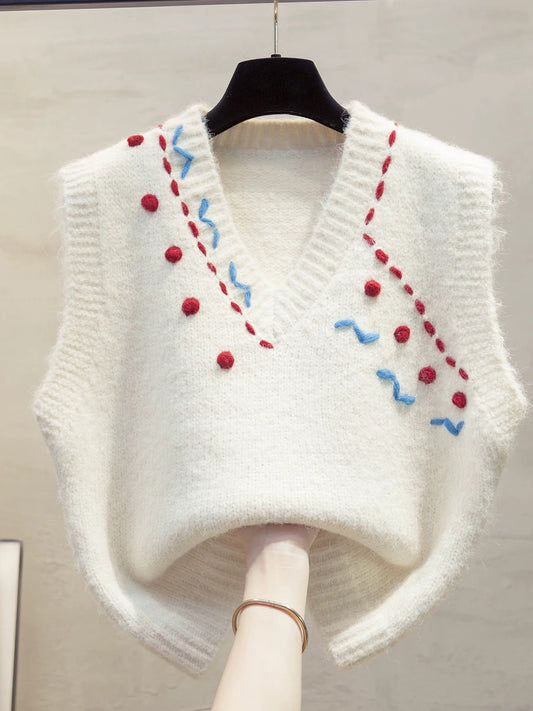 Hand-embroidered V-neck knitted vest for women, new autumn/winter 2025 style, loose-fitting outerwear vest, layered with sweaters.