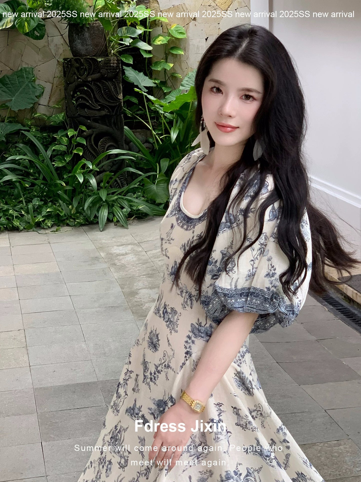 Send a letter to the "Plain Green Grass" vacation-style blue and white botanical print V-neck irregular cotton and linen dress