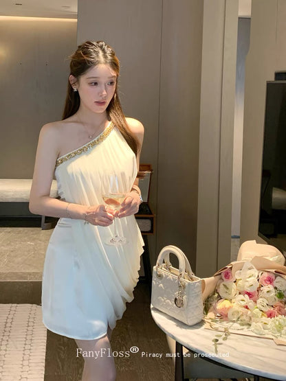 FanyFloss One-Shoulder Rhinestone Sexy Chiffon Dress, Luxurious Sparkling Rhinestone Waist-Defining Beach Vacation Mini Skirt