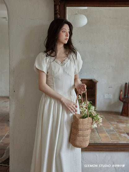 Ximeng 2025 new summer Korean style skirt beautiful temperament age-reducing chic high-grade lace apricot dress for women