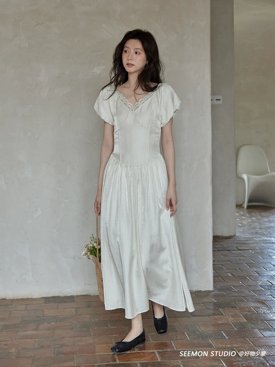 Ximeng 2025 new summer Korean style skirt beautiful temperament age-reducing chic high-grade lace apricot dress for women