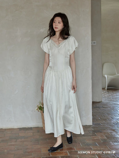 Ximeng 2025 new summer Korean style skirt beautiful temperament age-reducing chic high-grade lace apricot dress for women