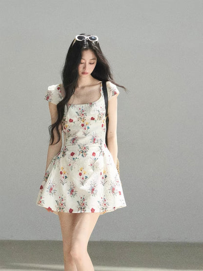 AOMALM's "Blooming Flower" French Chiffon Dress for Women, Summer Puffy Floral Print, Square Neck Short Skirt