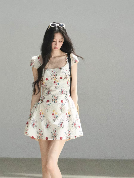 AOMALM's "Blooming Flower" French Chiffon Dress for Women, Summer Puffy Floral Print, Square Neck Short Skirt