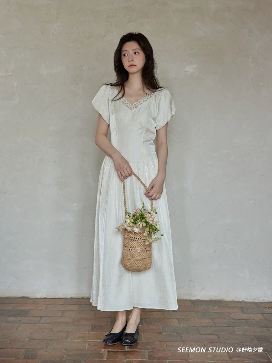 Ximeng 2025 new summer Korean style skirt beautiful temperament age-reducing chic high-grade lace apricot dress for women