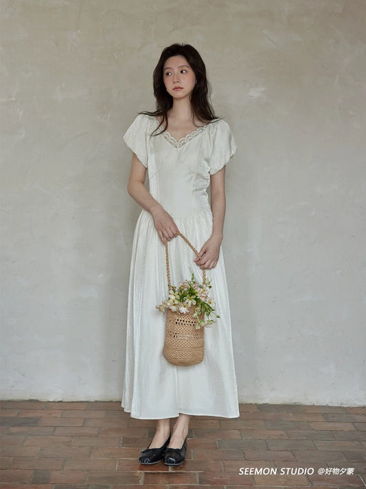Ximeng 2025 new summer Korean style skirt beautiful temperament age-reducing chic high-grade lace apricot dress for women