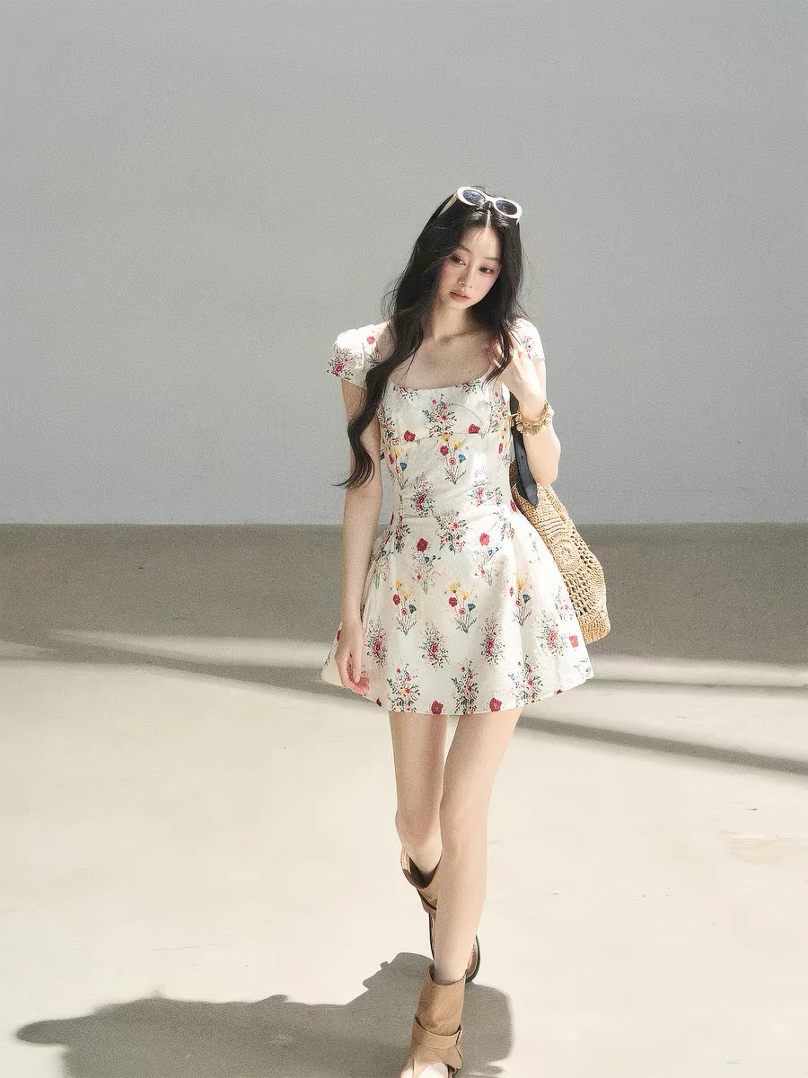 AOMALM's "Blooming Flower" French Chiffon Dress for Women, Summer Puffy Floral Print, Square Neck Short Skirt