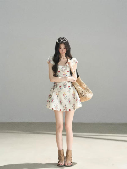 AOMALM's "Blooming Flower" French Chiffon Dress for Women, Summer Puffy Floral Print, Square Neck Short Skirt