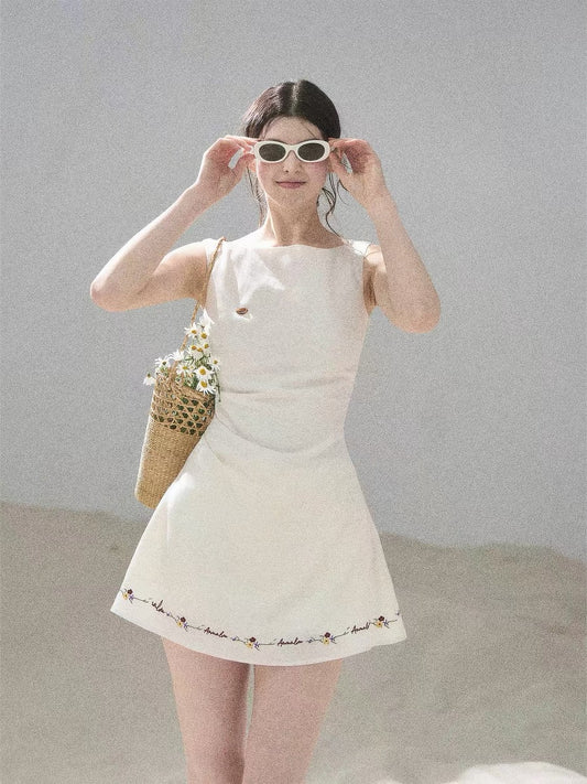 AOMALM's "Sycamore Trees of the Town" French Embroidered Dress for Women, Summer Fitted Waist A-line Puff Skirt