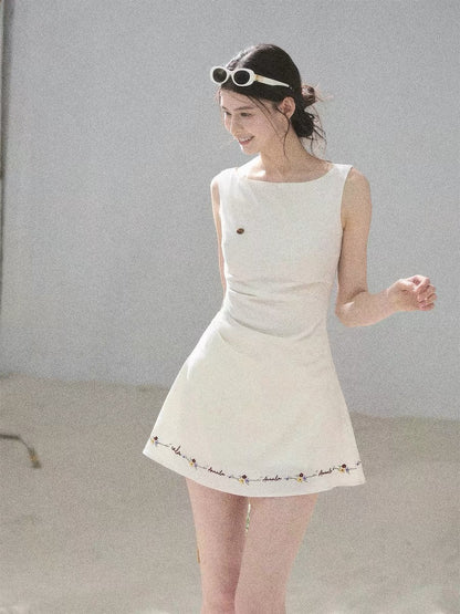 AOMALM's "Sycamore Trees of the Town" French Embroidered Dress for Women, Summer Fitted Waist A-line Puff Skirt