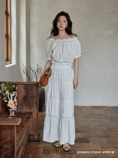 Ximeng 2025 new summer design niche age-reducing foreign style high-end one-shoulder shirt skirt suit for women