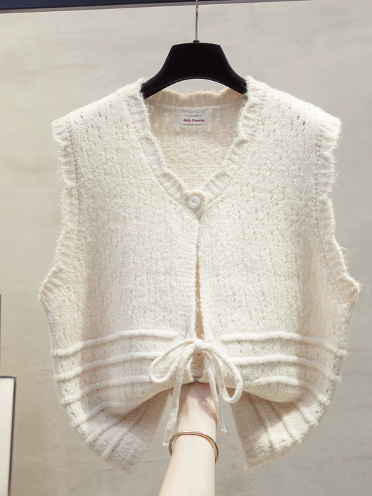 Hollow-out headscarf, round neck knitted cardigan vest, women's autumn 2025 new style vest layered with sweater, trendy