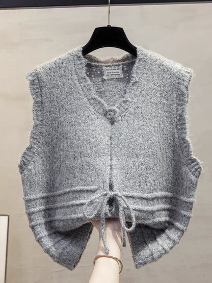 Hollow-out headscarf, round neck knitted cardigan vest, women's autumn 2025 new style vest layered with sweater, trendy