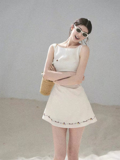AOMALM's "Sycamore Trees of the Town" French Embroidered Dress for Women, Summer Fitted Waist A-line Puff Skirt