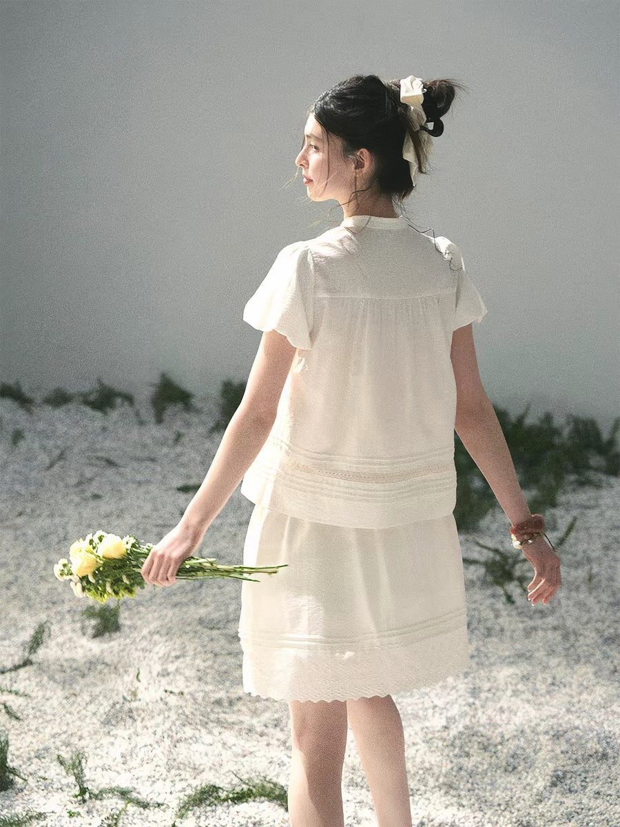 AOMALM's "Morning Sunshine" Pure White Moonlight Lace Set for Women - Summer Top and Skirt (Two-Piece Set)