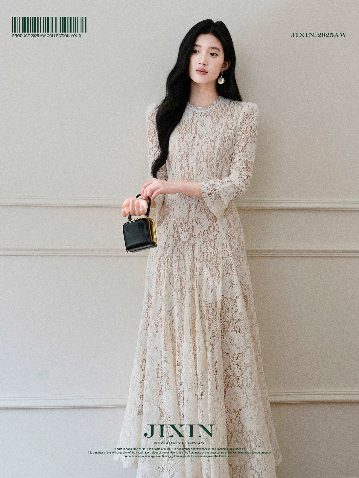 Send a letter / Heavy-duty plush lace hollow-out autumn and winter fleece-lined long-sleeved base dress A-line waist slim-fit long skirt