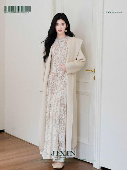 Send a letter / Heavy-duty plush lace hollow-out autumn and winter fleece-lined long-sleeved base dress A-line waist slim-fit long skirt