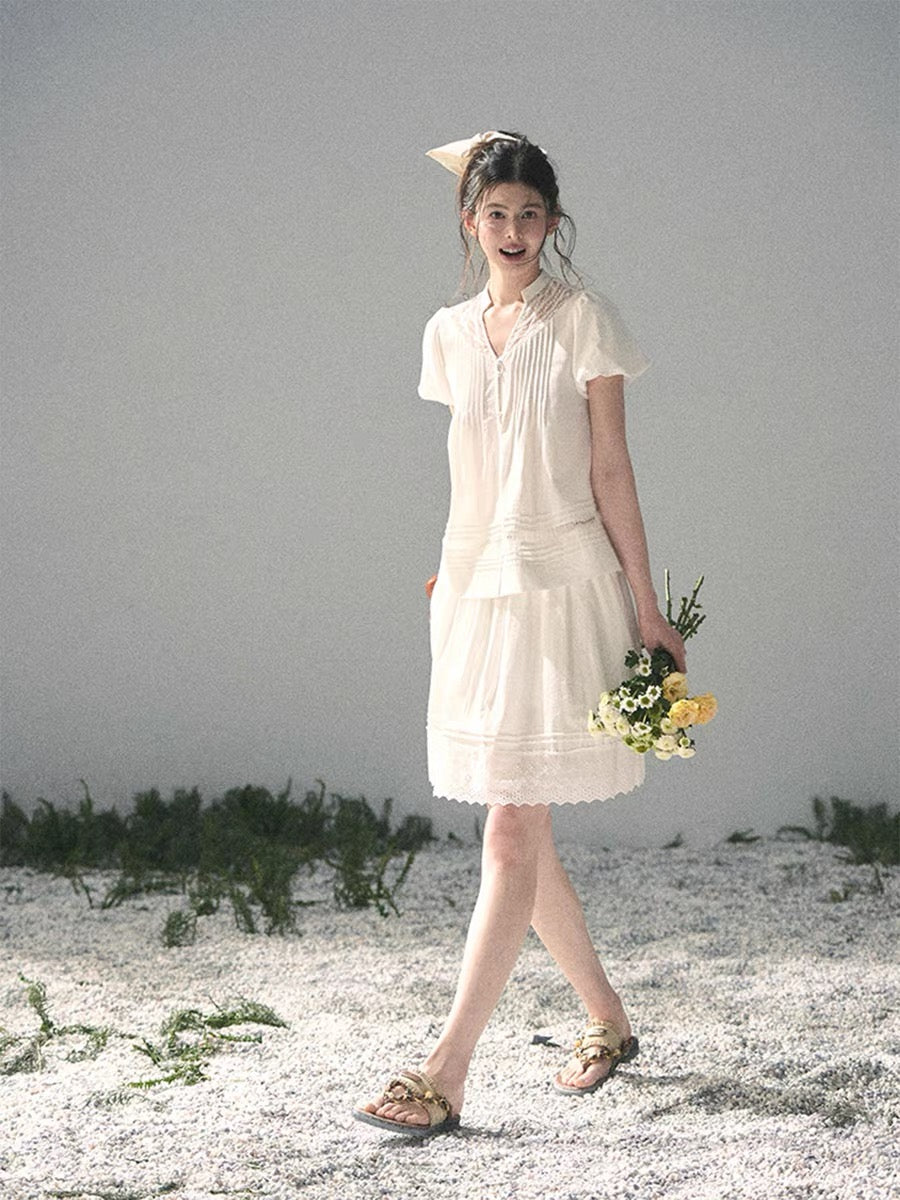 AOMALM's "Morning Sunshine" Pure White Moonlight Lace Set for Women - Summer Top and Skirt (Two-Piece Set)