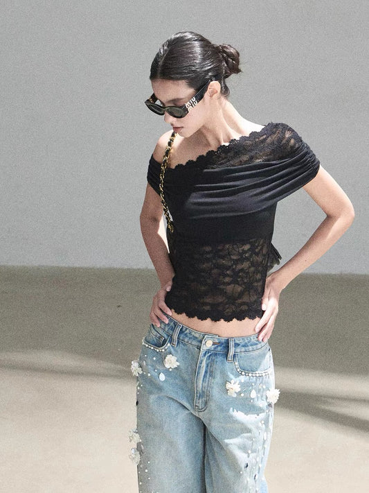 AOMALM's "Lace Shoulder Line" Pure and Alluring Sheer Hollow-Out Off-Shoulder T-Shirt for Women, Summer Short Slimming Top
