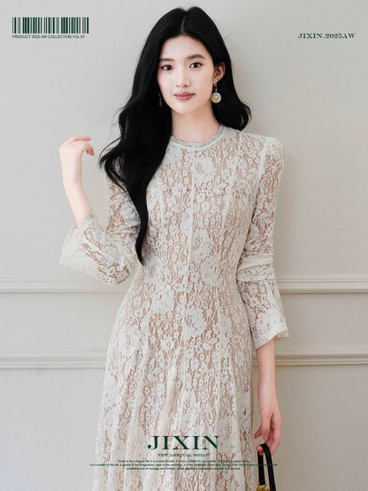 Send a letter / Heavy-duty plush lace hollow-out autumn and winter fleece-lined long-sleeved base dress A-line waist slim-fit long skirt