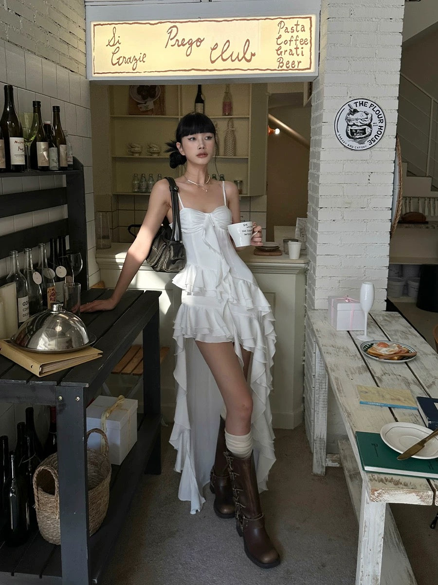VENUIE white irregular satin bud skirt new style temperament niche design ruffled suspender dress