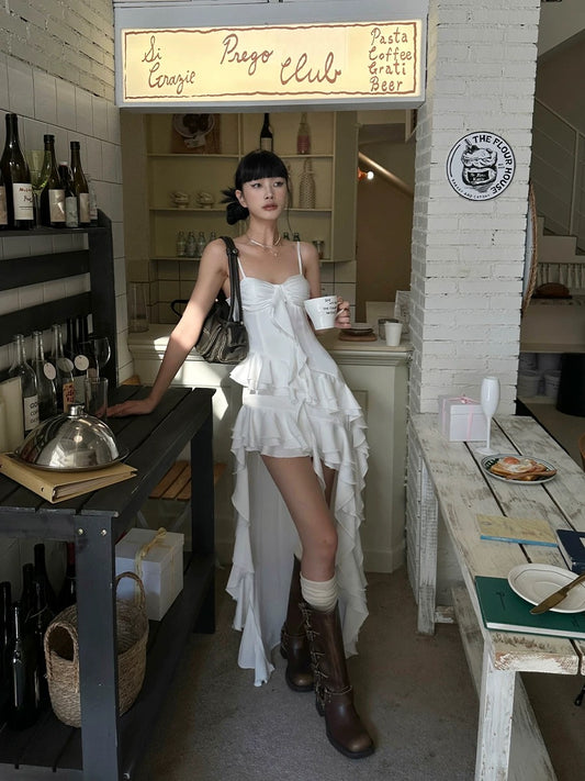 VENUIE white irregular satin bud skirt new style temperament niche design ruffled suspender dress