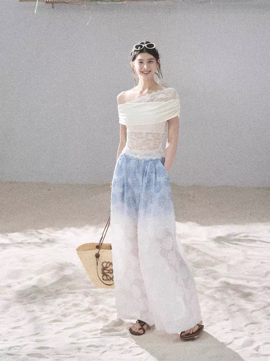 AOMALM's "Lace Shoulder Line" Pure and Alluring Sheer Hollow-Out Off-Shoulder T-Shirt for Women, Summer Short Slimming Top