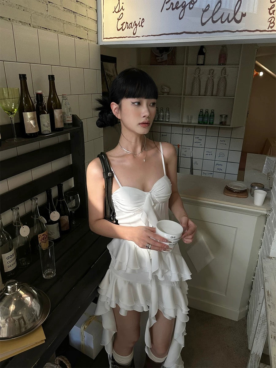 VENUIE white irregular satin bud skirt new style temperament niche design ruffled suspender dress
