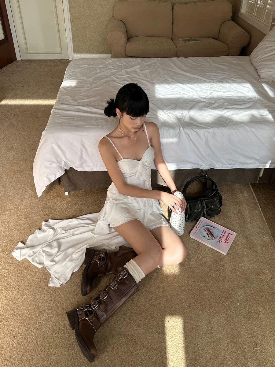VENUIE white irregular satin bud skirt new style temperament niche design ruffled suspender dress