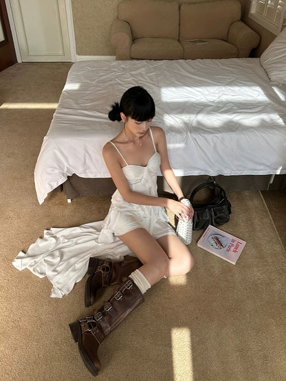 VENUIE white irregular satin bud skirt new style temperament niche design ruffled suspender dress