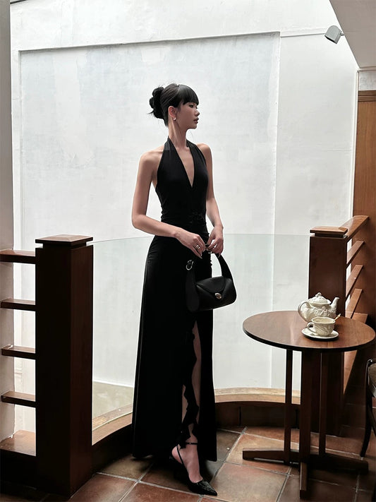 VENUIE black halter neck V-neck dress for women French style slim fit flower beautiful back sleeveless slit hip skirt
