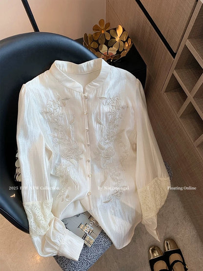 French-style apricot heavy embroidered satin shirt for women, 2025 early spring new style, gentle temperament, versatile long-sleeved shirt