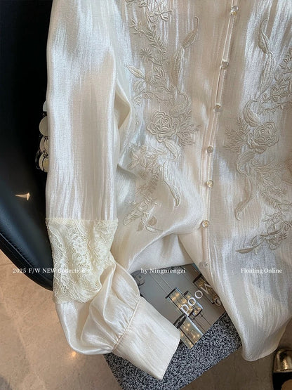 French-style apricot heavy embroidered satin shirt for women, 2025 early spring new style, gentle temperament, versatile long-sleeved shirt