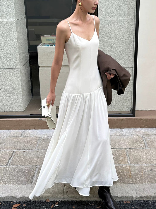 VENUIE apricot V-neck suspender dress for women, simple and fashionable, versatile, slim waist, spliced A-line long skirt