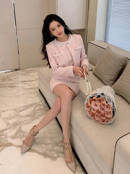 Rich daughter Xiaoxiangfeng pearl pink tweed long-sleeved jacket cardigan sleeveless dress two-piece suit