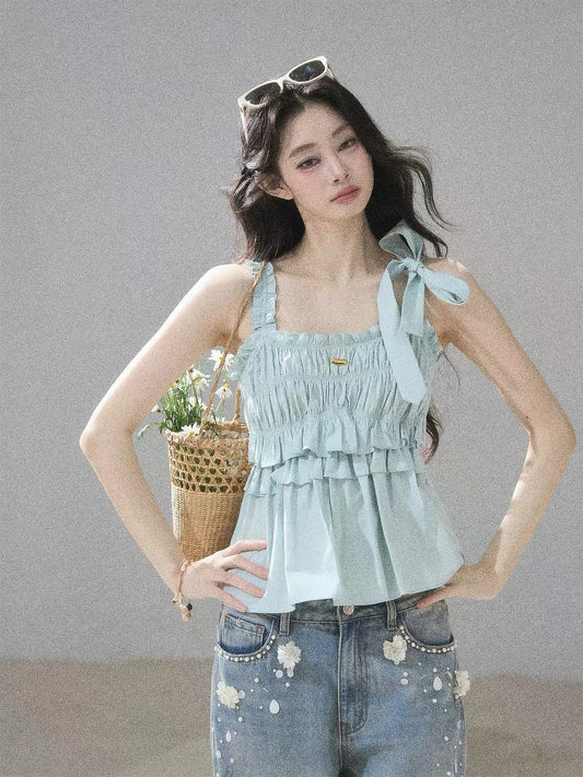 AOMALM's "Unique Gentleness" French Sweet Pleated T-Shirt for Women, Summer Short Top with Ruffled Edges