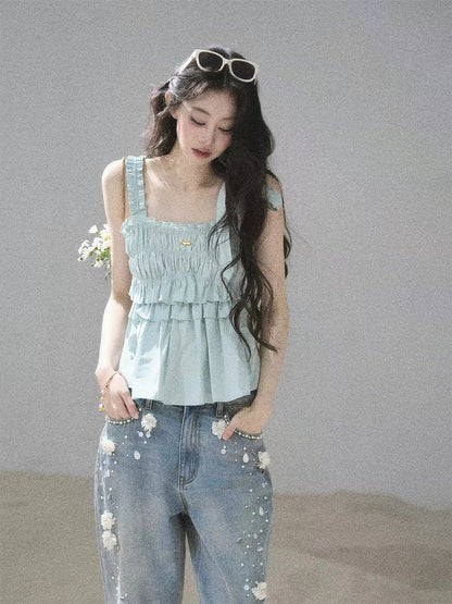 AOMALM's "Unique Gentleness" French Sweet Pleated T-Shirt for Women, Summer Short Top with Ruffled Edges