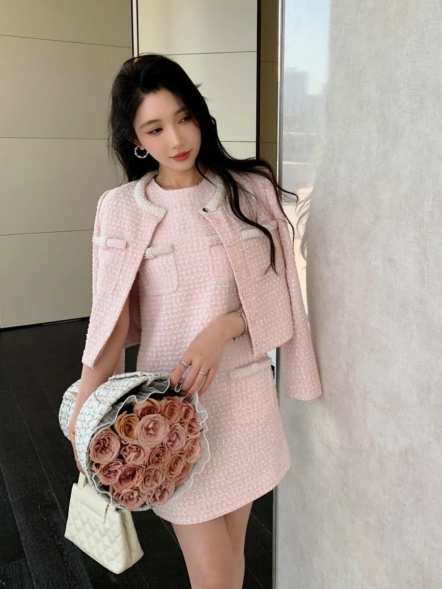 Rich daughter Xiaoxiangfeng pearl pink tweed long-sleeved jacket cardigan sleeveless dress two-piece suit