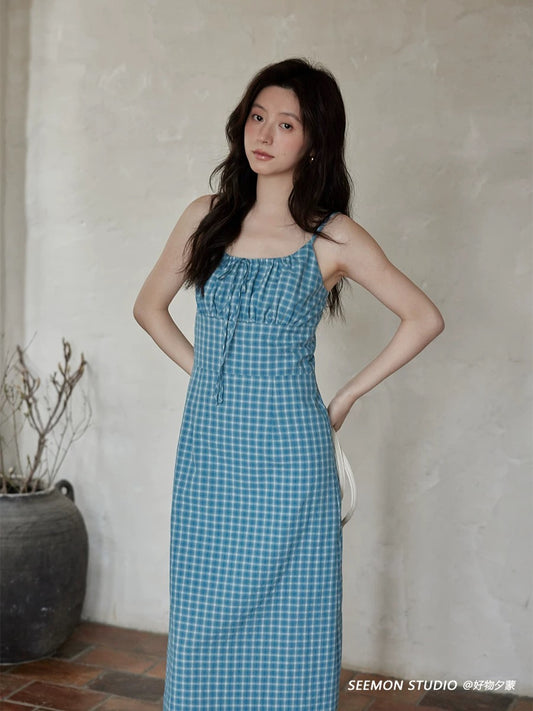 Ximeng 2025 new summer Korean sleeveless temperament skirt high-end small blue plaid suspender dress female