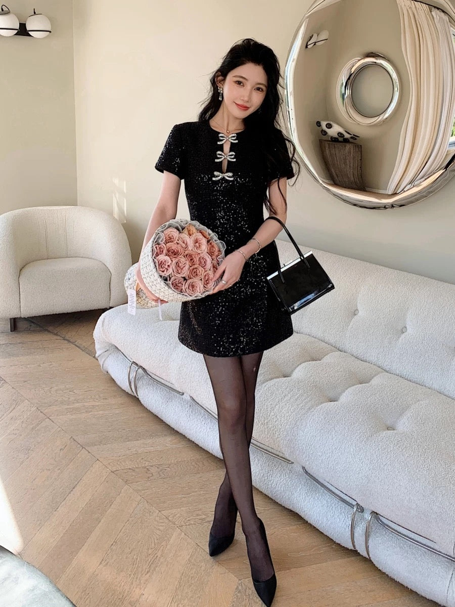 French socialite Xiao Xiangfeng miu style miu style high-end dress black wool slimming dress